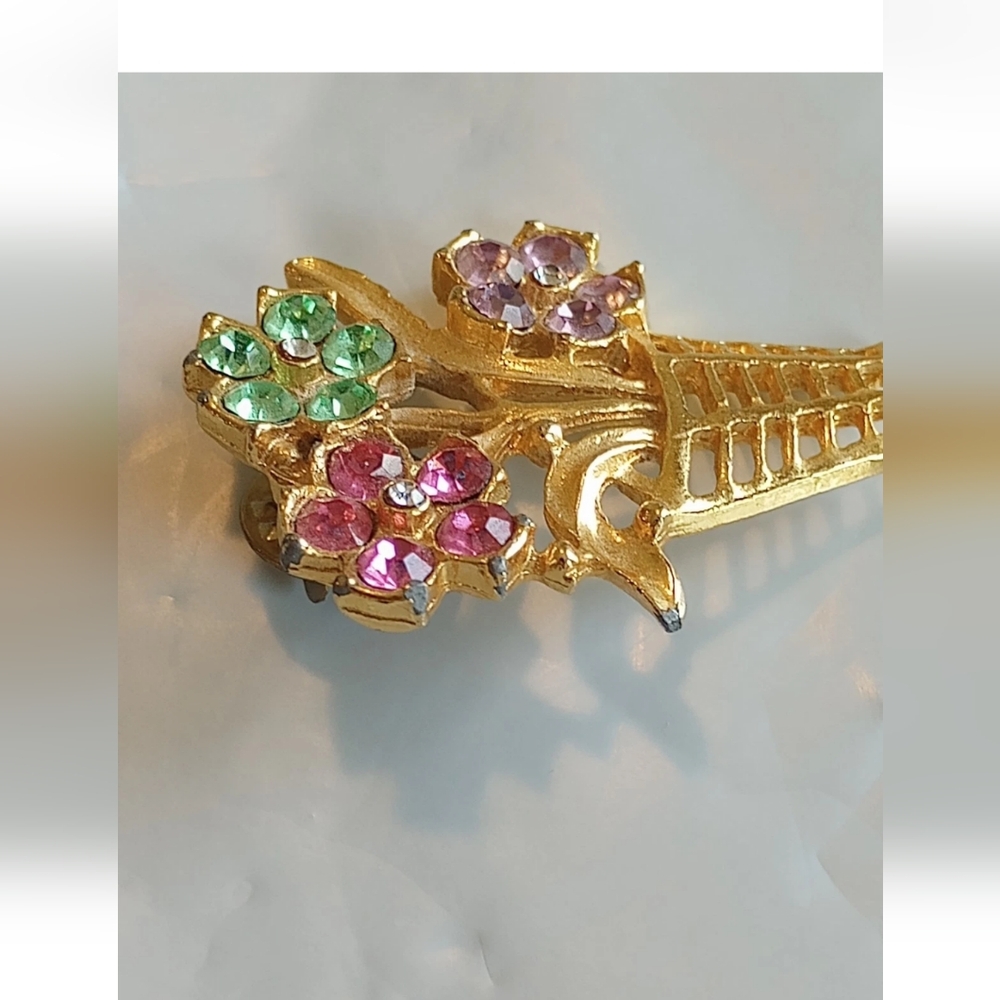 Flower Basket Brooch Pin Unsigned Gold Tone Pink/Green/Purple See Description - Picture 11 of 12
